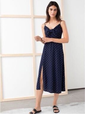 & Other Stories Sz 2 Navy Polka Dots Tie Knot Detail Mid Dress